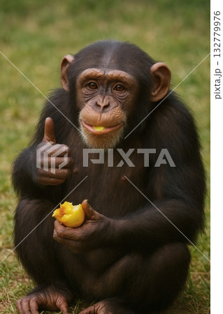 果物を食べながらサムズアップするチンパンジー 132779976