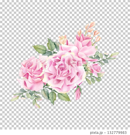 Pink rose floral composition, delicate beige freesia, leaf, pistachio. Pastel botanical flower Illustration isolated from background for wedding invitation, birthday card, funeral decoration, textile 132779983