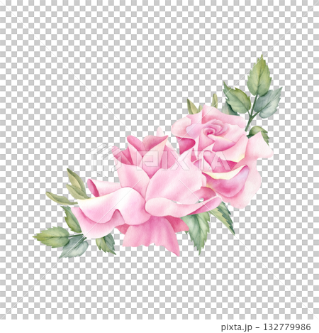 Pink rose spring floral composition. Elegance botanical flower with leaves. Illustration isolated from background for wedding invitation, birthday card or funeral decoration, printing, textile design Pink rose spring floral composition. Elegance botanical flower with leaves. Illustration isolated from background for wedding invitation, birthday card or funeral decoration, printing, textile design 132779986