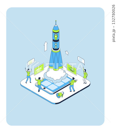 Cartoon Color Launch Start Up AI Concept 3d Isometric View Line Elements. Vector illustration of Sartup Artificial Intelligence 132780026