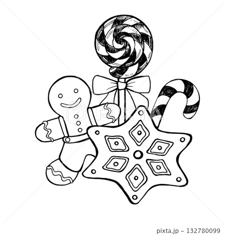 Black, white vector illustration of Christmas sweets gingerbread man, candy cane, lollipop, star cookie. Festive holiday dessert design, winter decoration, cute hand-drawn outline art for coloring. 132780099