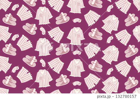 Chic seamless pattern with striped pink pajamas, fluffy slippers and eye masks. Chic seamless pattern with striped pink pajamas, fluffy slippers and eye masks. 132780157