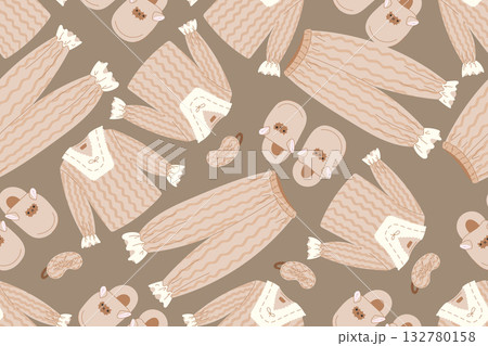 Cozy home pajama seamless pattern with slippers and sleep masks in warm neutral tones 132780158