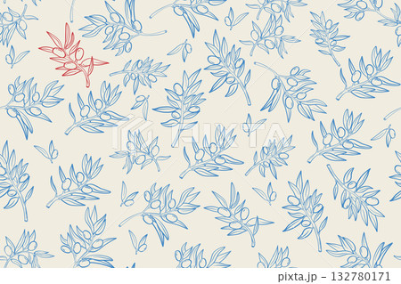 Hand drawn seamless pattern with olive branches and leaves in Greek line art style Hand drawn seamless pattern with olive branches and leaves in Greek line art style 132780171