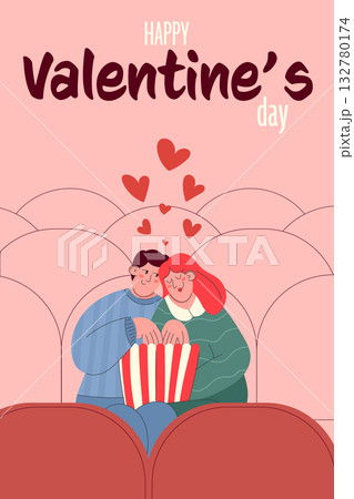 Happy couple in cinema on Valentines Day, romantic postcard in flat cartoon style Happy couple in cinema on Valentines Day, romantic postcard in flat cartoon style 132780174