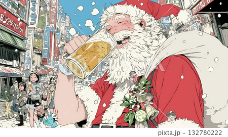 豪快にビールを飲んでいるサンタクロース