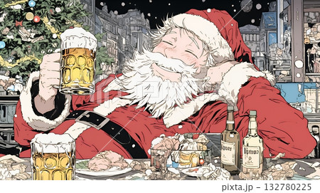 豪快にビールを飲んでいるサンタクロース 132780225