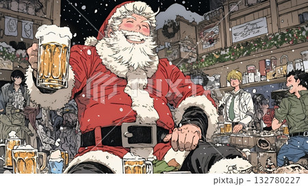 豪快にビールを飲んでいるサンタクロース