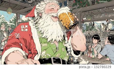 豪快にビールを飲んでいるサンタクロース