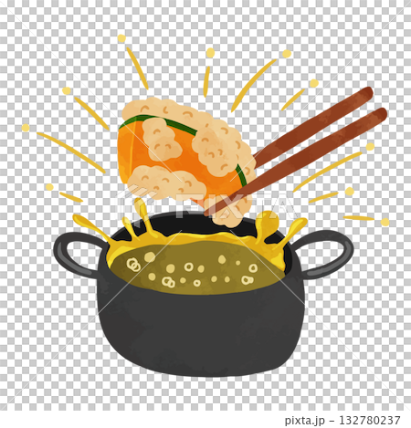 油はねしている揚げ物鍋とかぼちゃの天ぷら 水彩風手描きイラスト 油はねしている揚げ物鍋とかぼちゃの天ぷら 水彩風手描きイラスト 132780237
