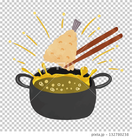 Frying pan with oil splashing and frying cricket tempura - watercolor hand-drawn illustration Frying pan with oil splashing and frying cricket tempura - watercolor hand-drawn illustration 132780238