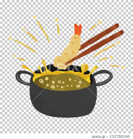 油濺入煎鍋,炸蝦天婦羅。水彩手繪插圖 油濺入煎鍋,炸蝦天婦羅。水彩手繪插圖 132780240