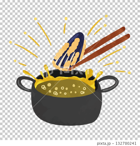 油はねしている揚げ物鍋とナスの天ぷら 水彩風手描きイラスト 油はねしている揚げ物鍋とナスの天ぷら 水彩風手描きイラスト 132780241