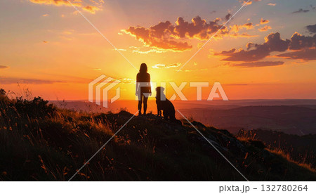 夕陽を見つめる女性と犬 夕陽を見つめる女性と犬 132780264