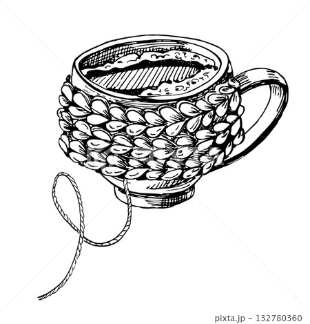 A coffee mug in a knitted cover. Realistic vector illustration for seasonal cafe design, menus, interiors, price tags, packaging, signs, posters, and postcards. 132780360