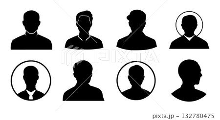 Set of male silhouette avatars in different head and shoulder poses, isolated on transparent background, user or profile icons Set of male silhouette avatars in different head and shoulder poses, isolated on transparent background, user or profile icons 132780475