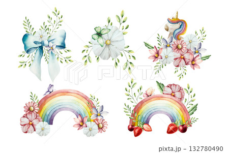 Spring set with flowers and branches. Watercolor foil red and purple balloons, ribbons, unicorn, gerbera, chamomile, echinacea. Hand drawn wildflower art isolated on background, transparent png Spring set with flowers and branches. Watercolor foil red and purple balloons, ribbons, unicorn, gerbera, chamomile, echinacea. Hand drawn wildflower art isolated on background, transparent png 132780490