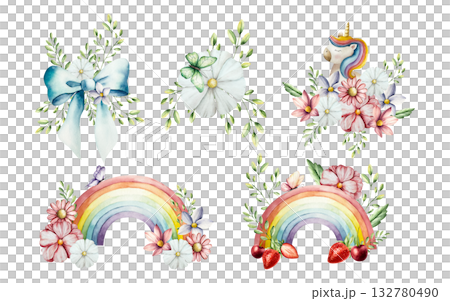 Spring set with flowers and branches. Watercolor foil red and purple balloons, ribbons, unicorn, gerbera, chamomile, echinacea. Hand drawn wildflower art isolated on background, transparent png Spring set with flowers and branches. Watercolor foil red and purple balloons, ribbons, unicorn, gerbera, chamomile, echinacea. Hand drawn wildflower art isolated on background, transparent png 132780490