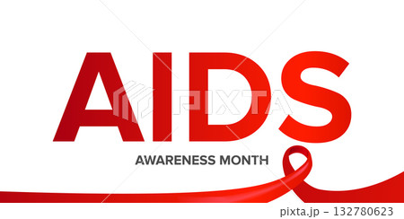 World AIDS awareness month banner with red ribbon. World HIV awareness month starts in December. Red ribbon with text isolated on white background. World AIDS Day December 1st 132780623