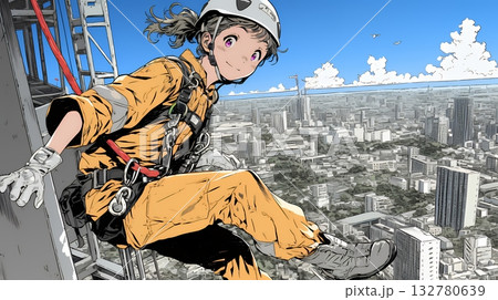 高所で作業をしている女性作業員