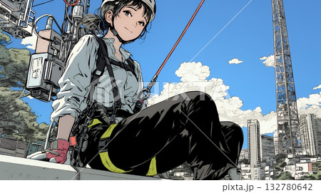 高所で作業をしている女性作業員