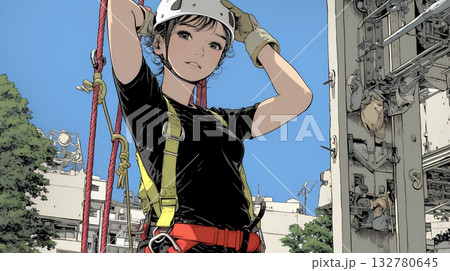 高所で作業をしている女性作業員