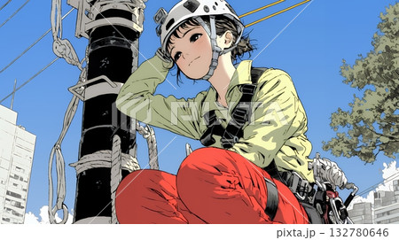 高所で作業をしている女性作業員