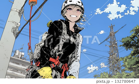 高所で作業をしている女性作業員 高所で作業をしている女性作業員 132780647