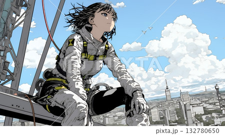 高所で作業をしている女性作業員