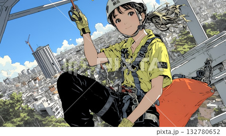 高所で作業をしている女性作業員