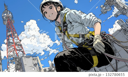 高所で作業をしている女性作業員