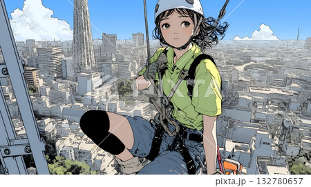 高所で作業をしている女性作業員