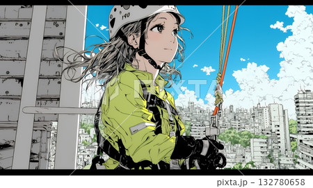 高所で作業をしている女性作業員