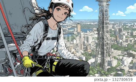 高所で作業をしている女性作業員