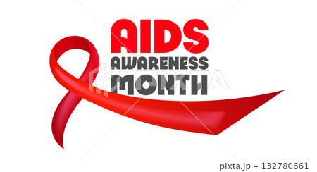 World AIDS awareness month banner with red ribbon. World HIV awareness month starts in December. Red ribbon with text isolated on white background. World AIDS Day December 1st 132780661