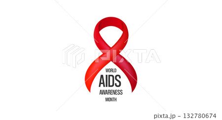 World AIDS awareness month banner with red ribbon. World HIV awareness month starts in December. Red ribbon with text isolated on white background. World AIDS Day December 1st 132780674