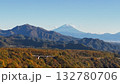 紅葉の清里高原上空から雪化粧の富士山を望む　ドローン空撮映像 132780706
