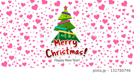 Merry Christmas. A Christmas tree and a garland of balloons. A banner in the shape of a heart. 132780746