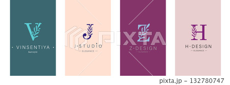 Logo V, J, capital letter Z, H. Monogram of Botanical Minimalistic, Initial. with Organic Logo V, J, capital letter Z, H. Monogram of Botanical Minimalistic, Initial. with Organic 132780747