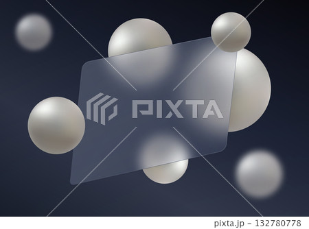 Abstract banner with frosted glass panel, spheres and deep dark blue background in glass morphism style. 132780778