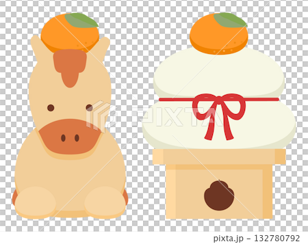 A horse sitting with a mandarin orange on its head and a kagami mochi (front view) 132780792