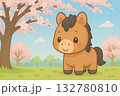 桜の下に立つ馬の春景色 132780810
