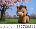 桜の下に立つ馬の春景色 132780811