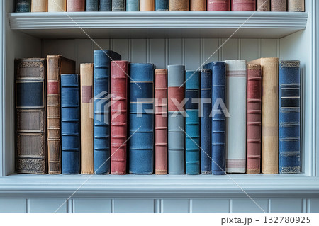 Book covers. Stack of Books in a wooden cabinet on a white background. Library aesthetic concept. Learning and education. Book covers. Stack of Books in a wooden cabinet on a white background. Library aesthetic concept. Learning and education. 132780925