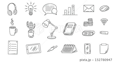 Doodle icon set - Remote work and study. Hand...のイラスト素材 [132780947] - PIXTA