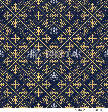 Luxurious geometric snowflake pattern in gold and navy blue, perfect for winter, Christmas 132781008