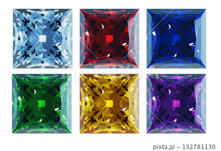 プリンセスカットの色違いの宝石のCGイラスト。6色の推しカラーのダイヤンド プリンセスカットの色違いの宝石のCGイラスト。6色の推しカラーのダイヤンド 132781130