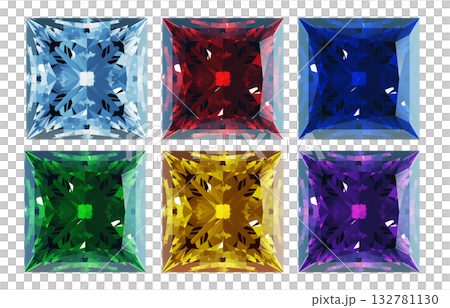 プリンセスカットの色違いの宝石のCGイラスト。6色の推しカラーのダイヤンド プリンセスカットの色違いの宝石のCGイラスト。6色の推しカラーのダイヤンド 132781130