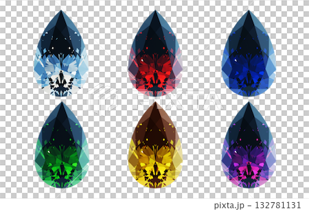 ペアシェイプカットの色違いの宝石のCGイラスト。6色の推しカラーのダイヤンド ペアシェイプカットの色違いの宝石のCGイラスト。6色の推しカラーのダイヤンド 132781131