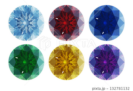 ラウンドブリリアントカットの色違いの宝石のCGイラスト。6色の推しカラーのダイヤンド ラウンドブリリアントカットの色違いの宝石のCGイラスト。6色の推しカラーのダイヤンド 132781132